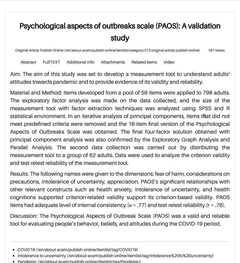 Psychological aspects of outbreaks scale (PAOS): A validation study